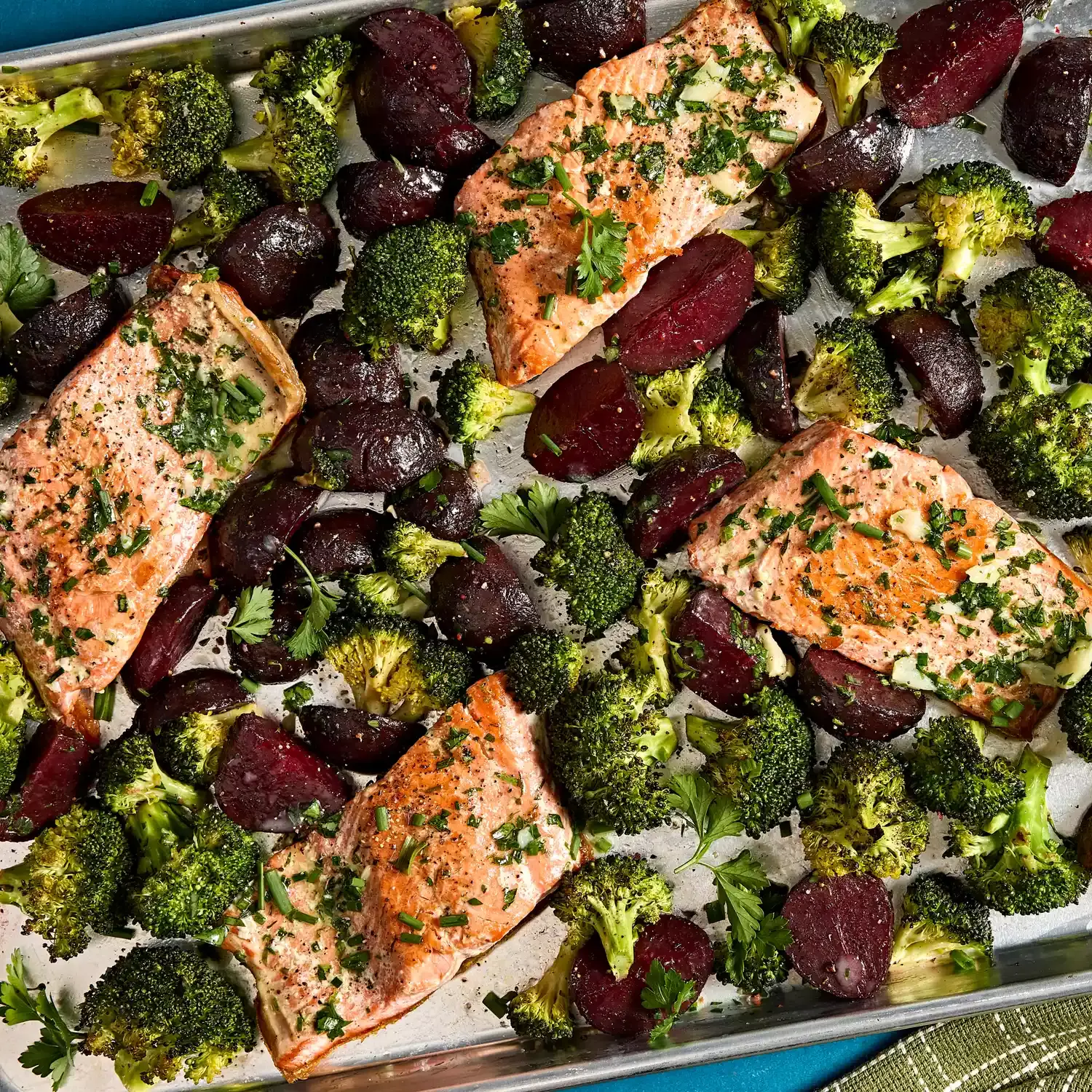 Garlic Butter-Roasted Salmon with Beets & Broccoli