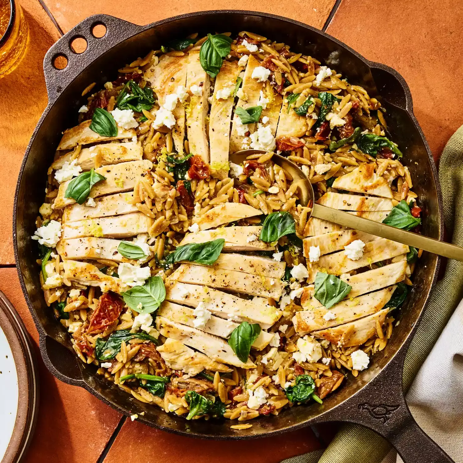 Delectable One-Pan Chicken, Spinach & Sun-Dried Tomato Orzo