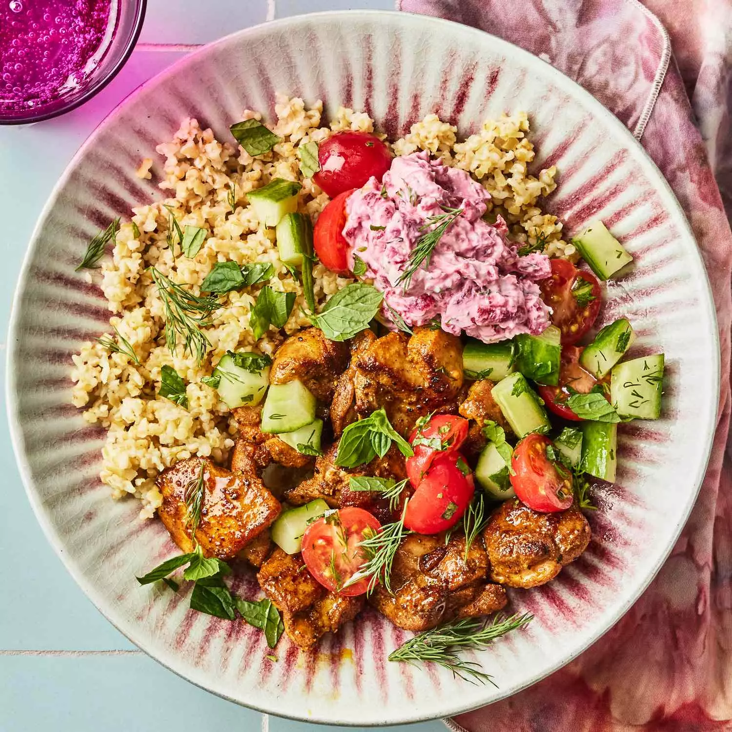 Flavorful Chicken Shawarma Bowls with Beet Tzatziki