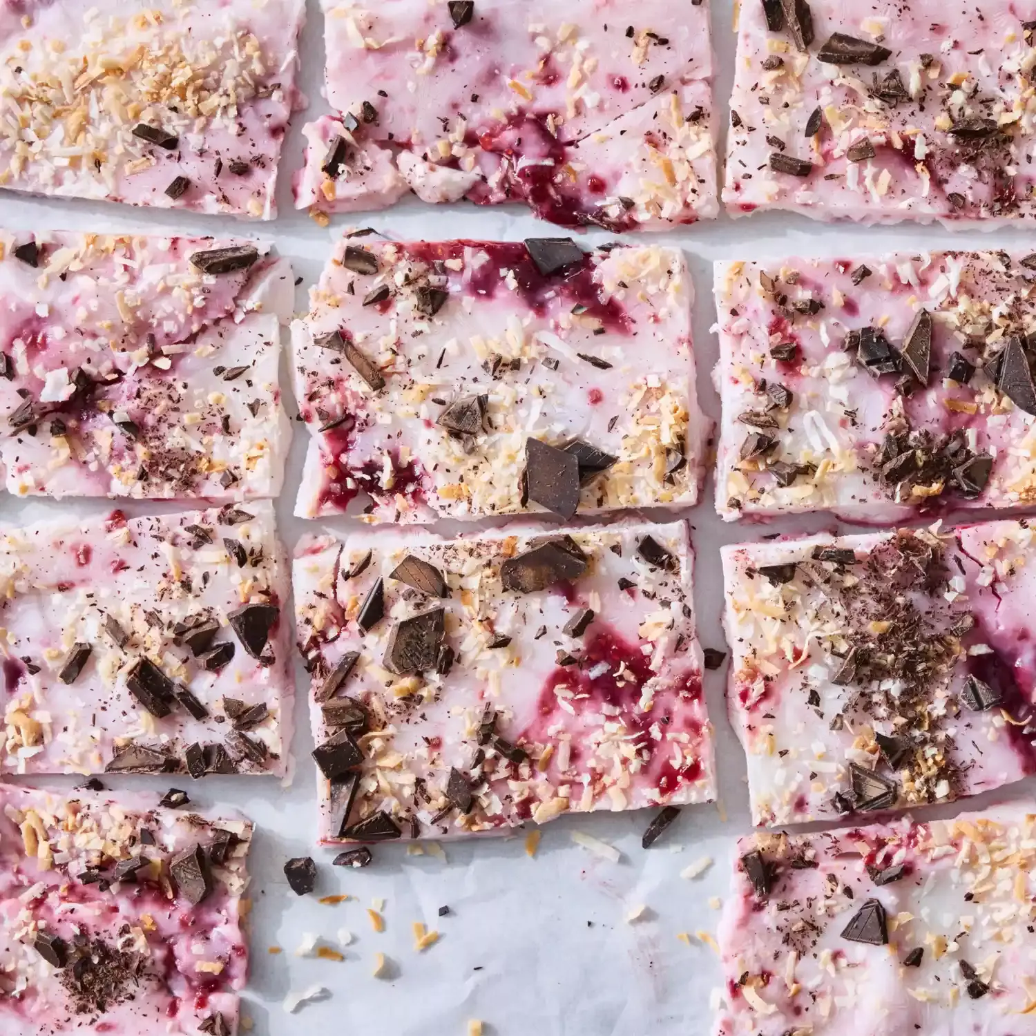 Frozen Raspberry Chocolate Coconut Yogurt Bark